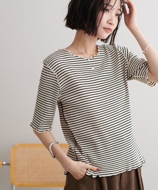 配色リブメロー5分袖《WEB限定カラーあり》