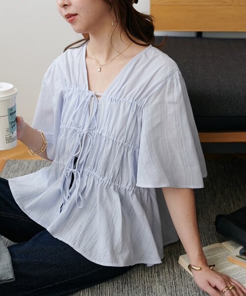 ドビーストライプ前リボンブラウス5分袖｜ディスコートの通販｜&mall