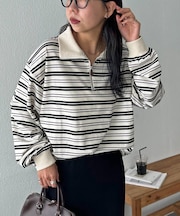 【ユニセックス】ランダムボーダーハーフジップシャツ