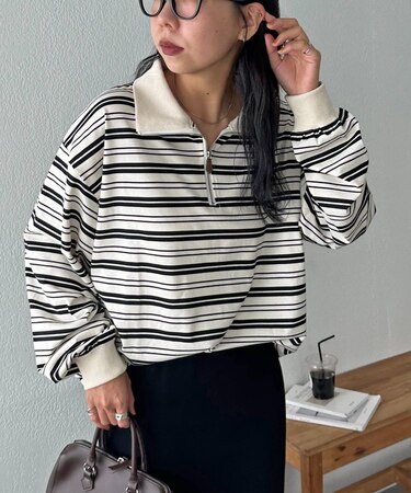 【ユニセックス】ランダムボーダーハーフジップシャツ