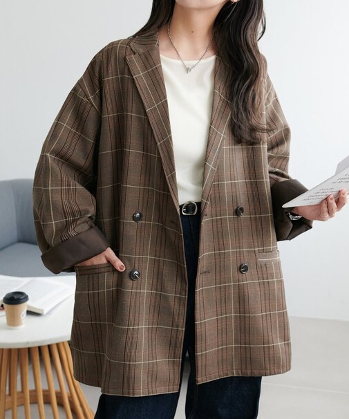 【ユニセックス/サイズ追加！】チェックWブレストオーバージャケット