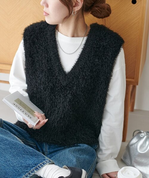 こなれ感UP/365日活躍！】前後2WAYフェザーヤーンショートベスト