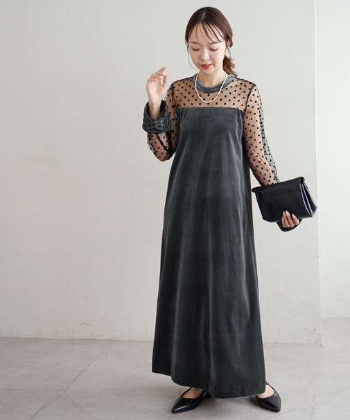 【オケージョン】フロッキードットベロア切替ワンピース