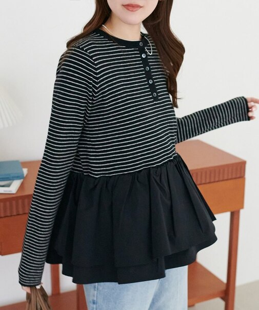 【新色追加!/腰回りカバー】別地切替ペプラムヘンリープルオーバー