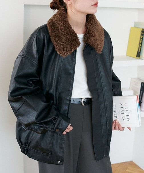 【ユニセックス】ボア衿付きフェイクレザーブルゾン