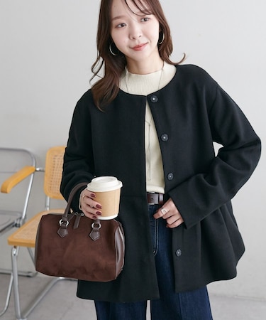 【レディに仕上がる】中空糸ペプラムノーカラージャケット