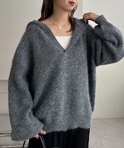 【今期トレンド/ユニセックス】畦編みフード付きシャギーニット