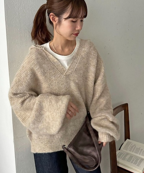 【今期トレンド/ユニセックス】畦編みフード付きシャギーニット