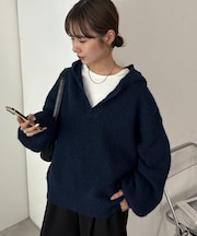 【今期トレンド/ユニセックス】畦編みフード付きシャギーニット