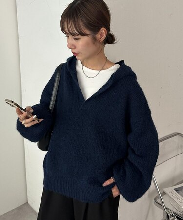 【今期トレンド/ユニセックス】畦編みフード付きシャギーニット