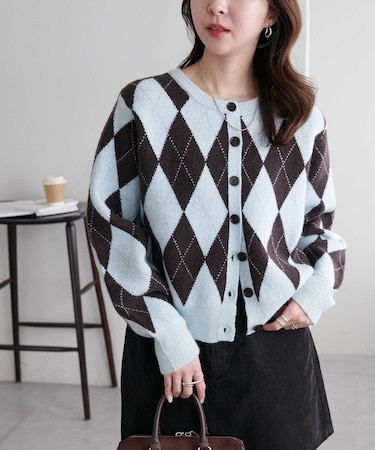 【もちもち素材/着映えアイテム】アーガイル柄クルーカーディガン