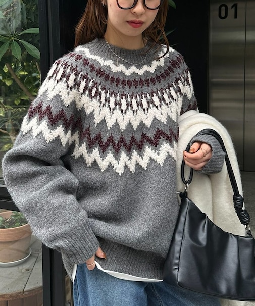 【暖かおしゃれ見え/ユニセックス】求心柄オーバーニット