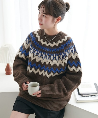 【暖かおしゃれ見え/ユニセックス】求心柄オーバーニット