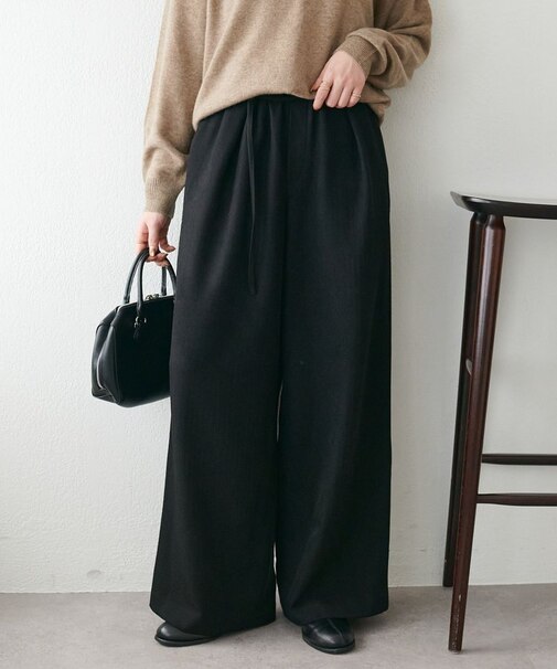 【総ゴム/あったか素材/ユニセックス】ウールライクベルト付きワイドパンツ