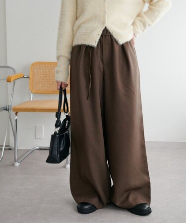 【総ゴム/あったか素材/ユニセックス】ウールライクベルト付きワイドパンツ