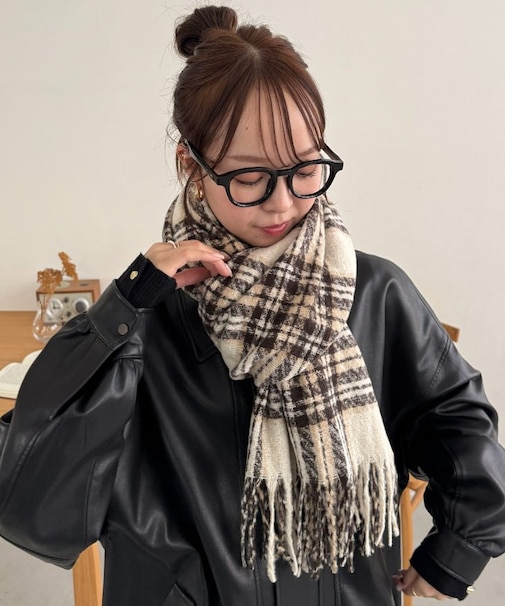 【ユニセックス】ループヤーン縮絨チェックマフラー