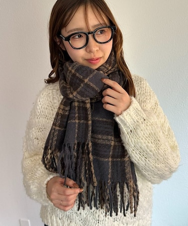 【ユニセックス】ループヤーン縮絨チェックマフラー