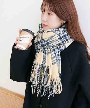 【ユニセックス】ループヤーン縮絨チェックマフラー