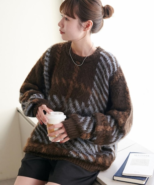 チェックガラオーバーニット