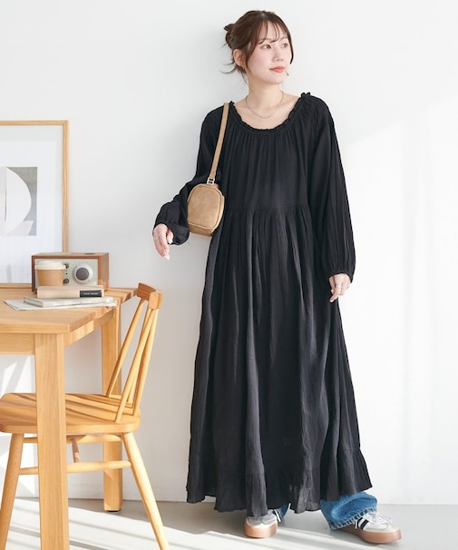 【India】コットンクレープ肩シャーリングワンピース