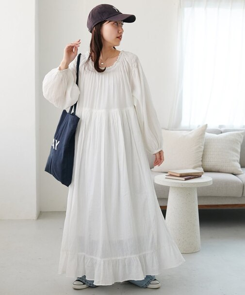 【India】コットンクレープ肩シャーリングワンピース