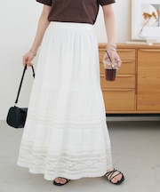 【India】コットンボイルレース切替ティアードスカート