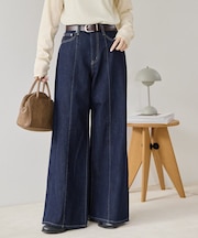 ハイウエストステッチ使いデニムワイドパンツ