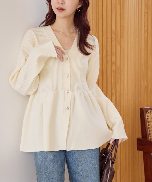 【SS先行予約】リブメタル釦ペプラムカーディガン