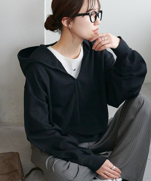 シアー裏毛フード付きスキッパープルオーバー