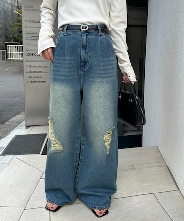 【Enlude】ダメージデニムワイドパンツ《ユニセックス》