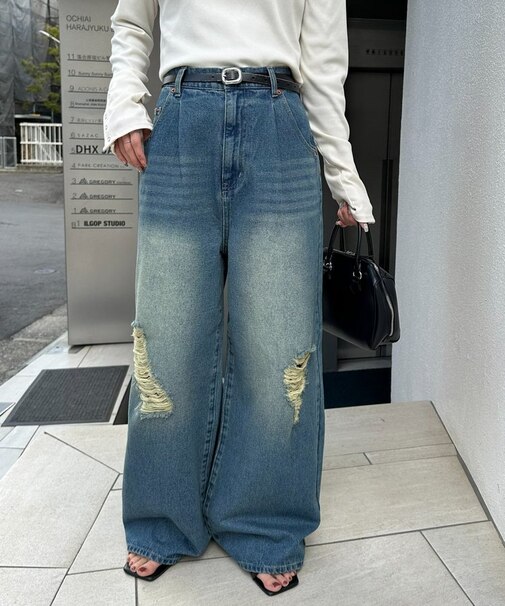 【Enlude】ダメージデニムワイドパンツ《ユニセックス》