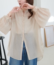 シアーストライプバンドカラーシャツ