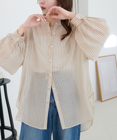 シアーストライプバンドカラーシャツ