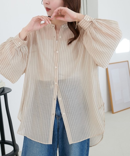 シアーストライプバンドカラーシャツ