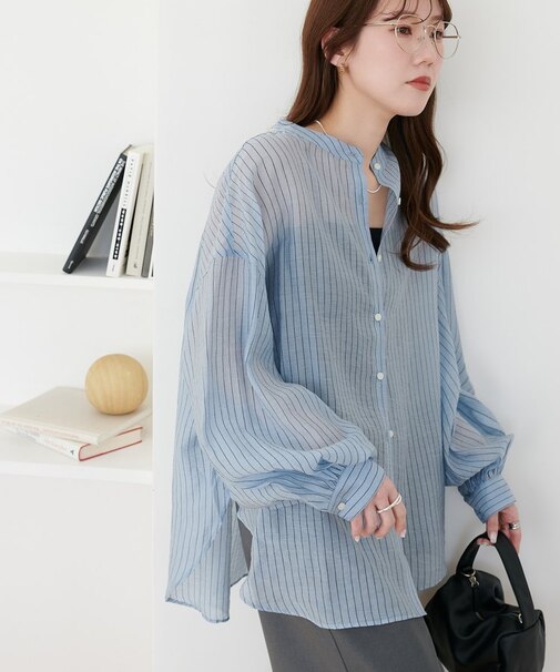 シアーストライプバンドカラーシャツ