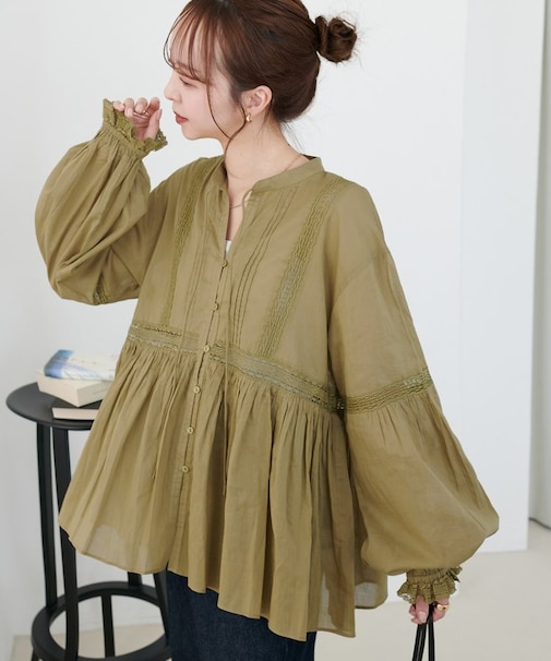 【India】コットンボイルレース使い前開きブラウス