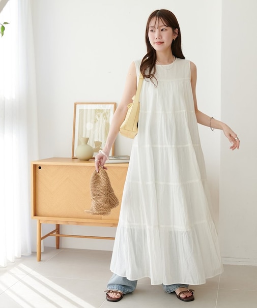 【India】コットンボイルティアードノースリワンピース