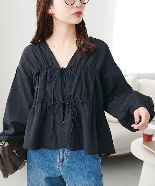 【India】コットンドビー前リボンブラウス