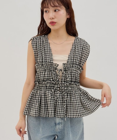 【umm.】柄アソートギャザーリボンノースリ