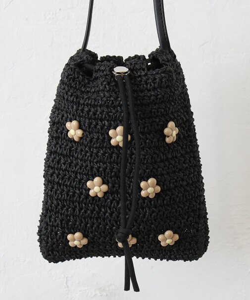 雑材フラワービーズ巾着ショルダーバッグ