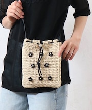 雑材フラワービーズ巾着ショルダーバッグ