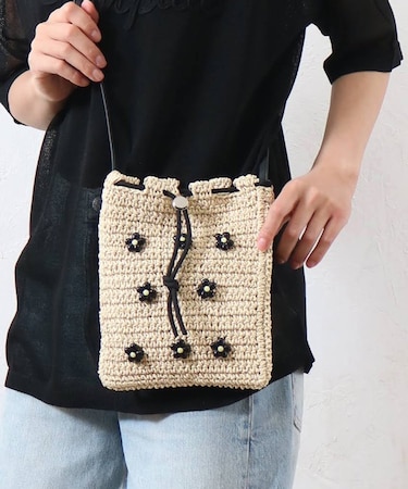 雑材フラワービーズ巾着ショルダーバッグ