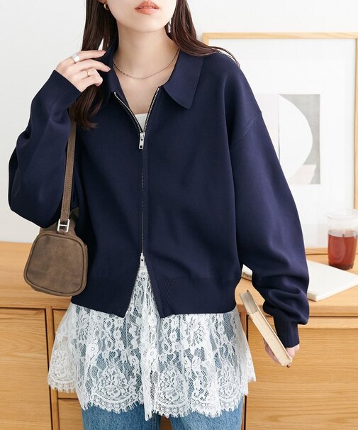 スポンディッシュ衿付Wジップカーディガン