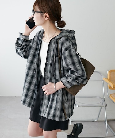 【Enlude】オンブレチェックフード付きオーバーシャツ