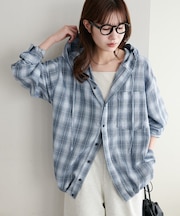 【Enlude】オンブレチェックフード付きオーバーシャツ
