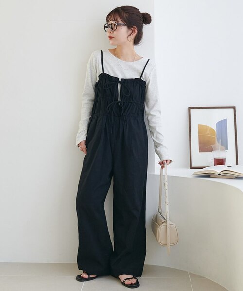 India】コットンリネンギャザーリボンキャミサロペット｜ディスコート