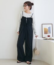 【India】コットンリネンギャザーリボンキャミサロペット