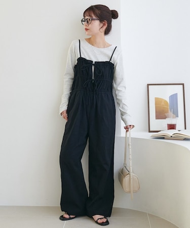 【India】コットンリネンギャザーリボンキャミサロペット