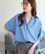 コットンシアーバンドカラーフレンチシャツ