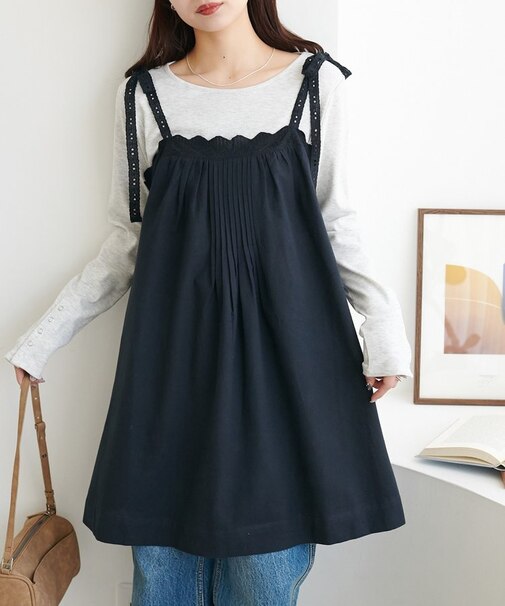 【India】コットンリネン肩リボンレースチュニック